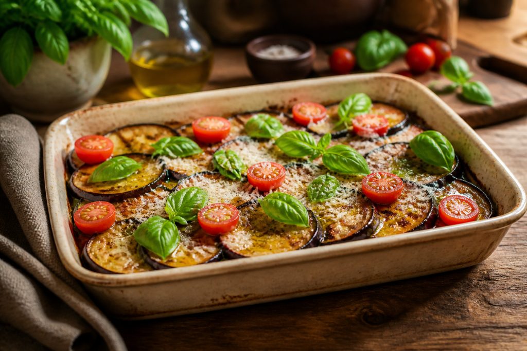 Aubergines grillees au basilic et tomates