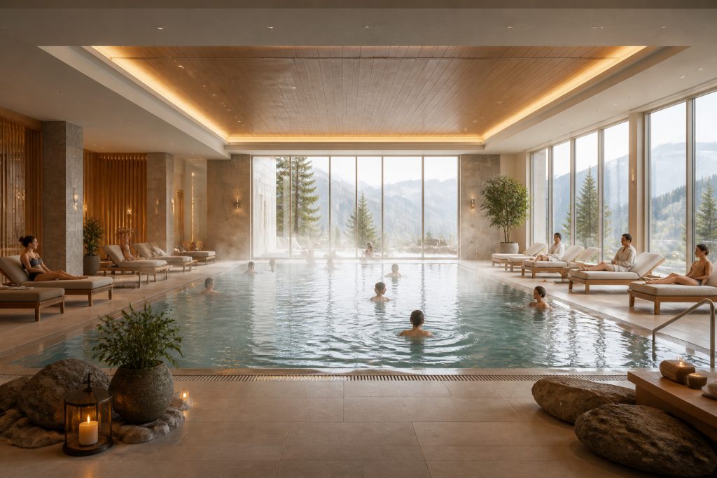 Spa thermal luxueux avec vue montagne