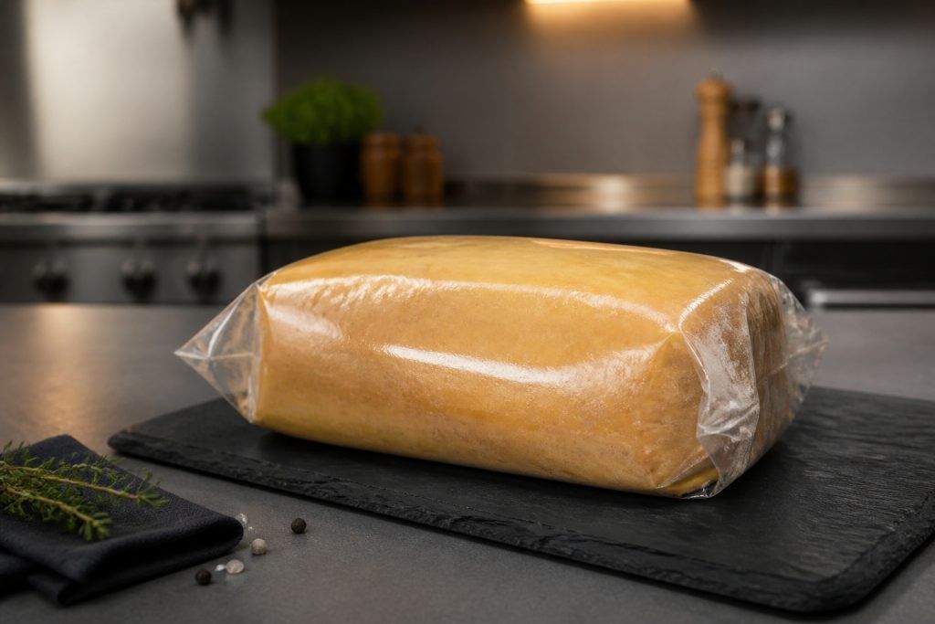 Bloc de foie gras emballe sur ardoise