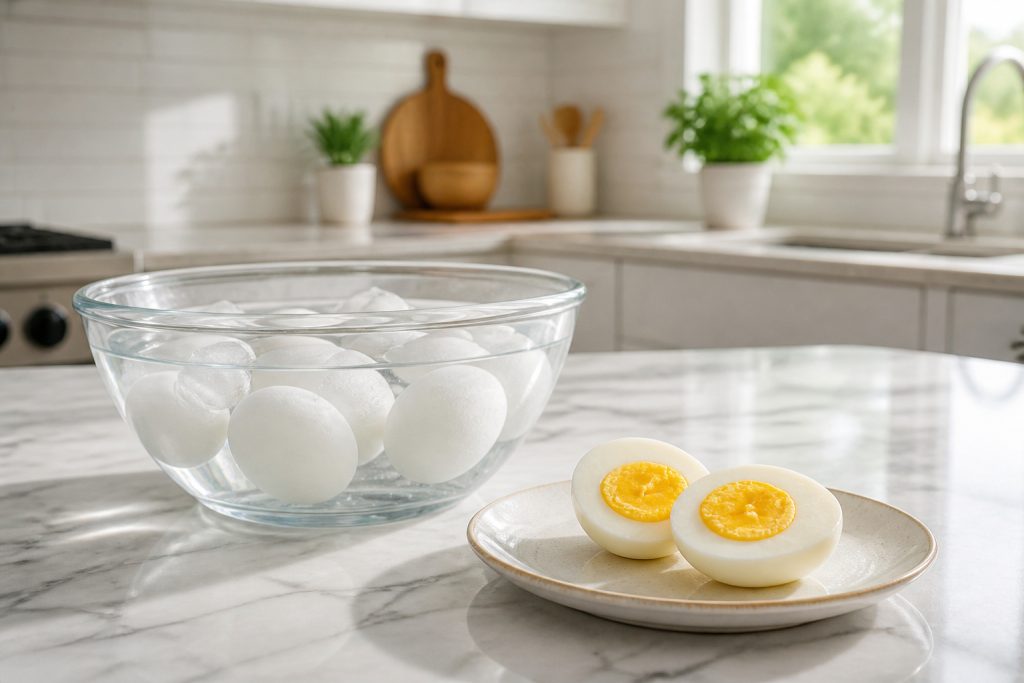 Oeufs durs parfaits dans un bain de glace