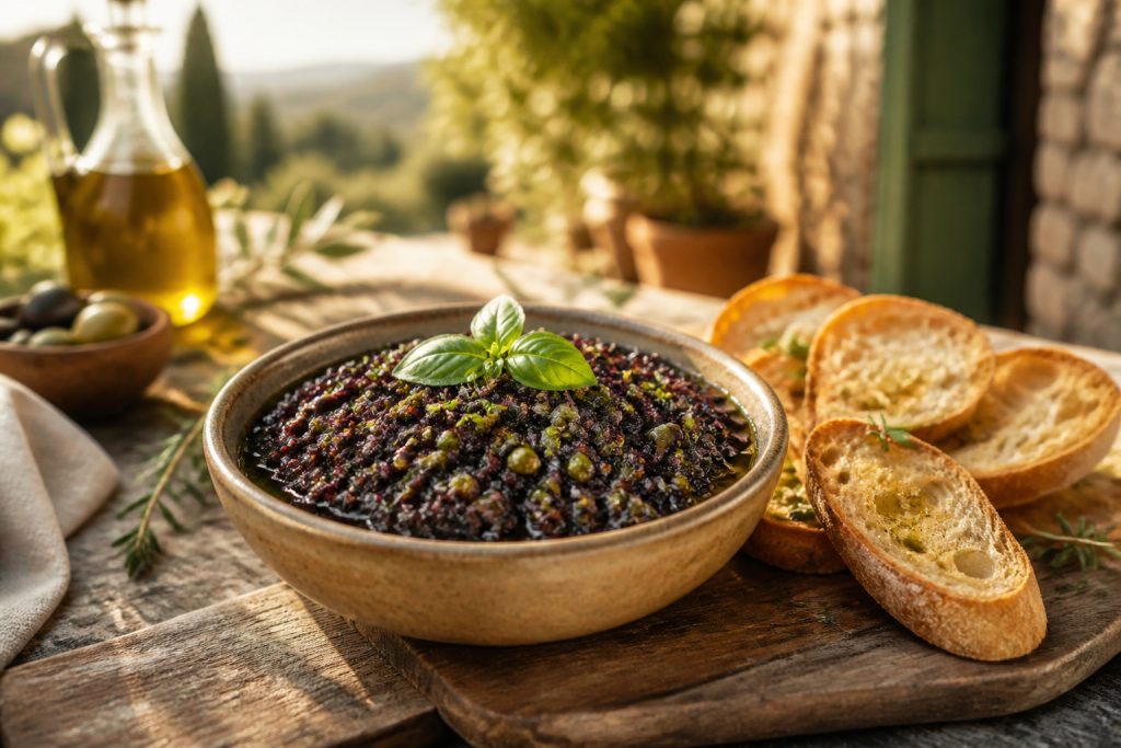 Tapenade provencale fraiche avec pain croustillant
