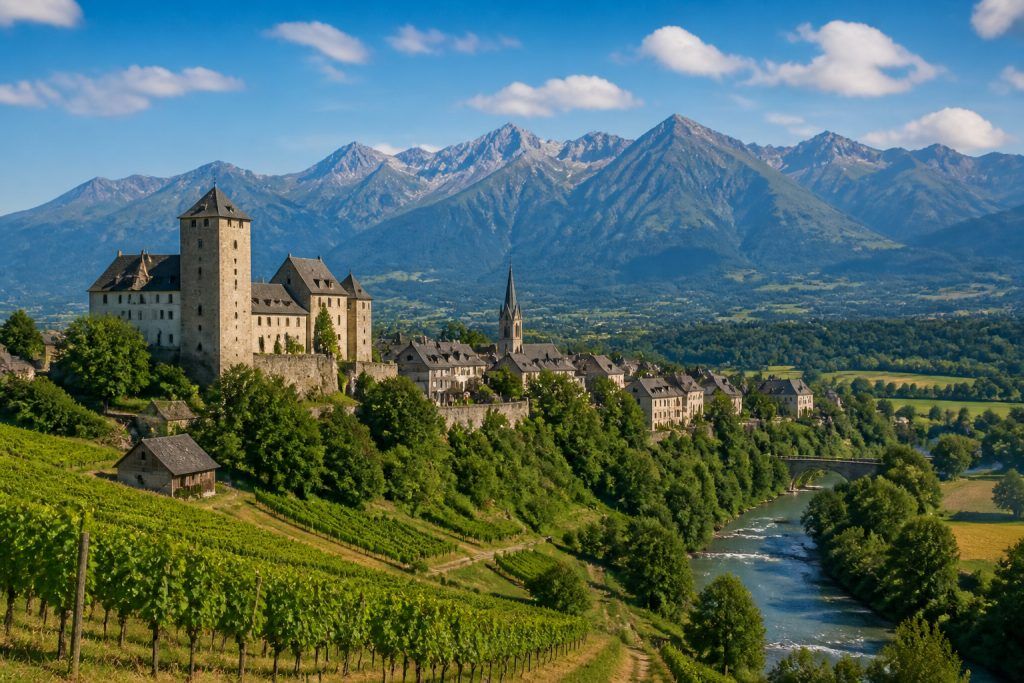Bearn village historique et pyrenees majestueuses