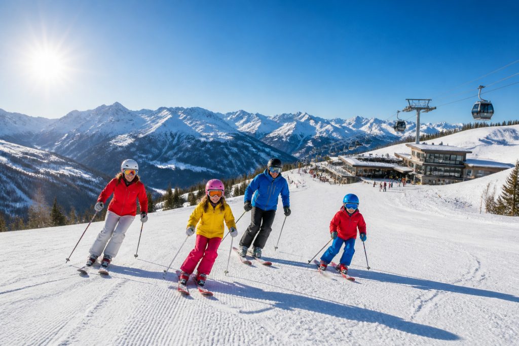 Famille faisant du ski dans les pyrenees