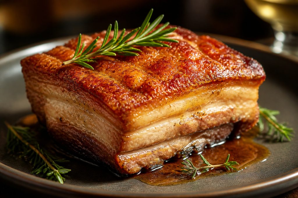 Poitrine de porc confite doree