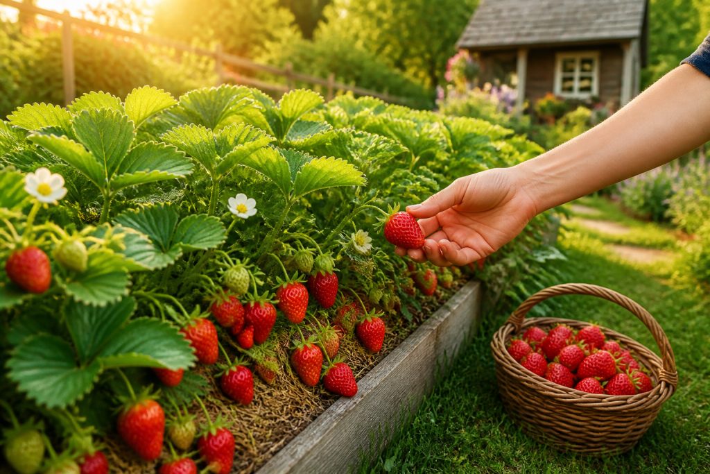 Cueillette de fraises mures au soleil