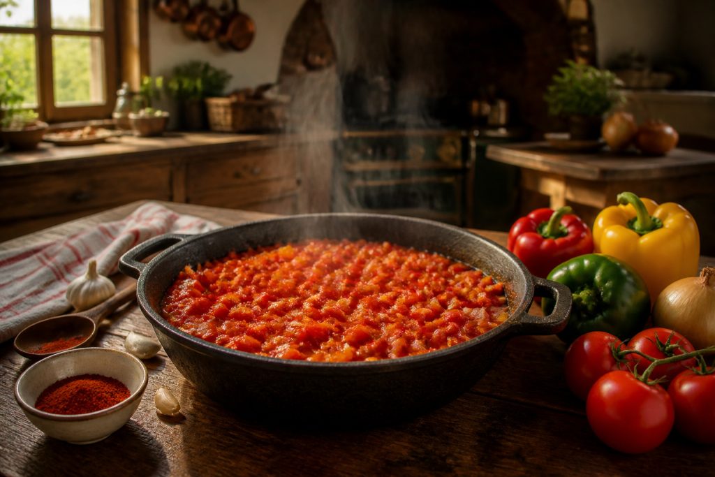 Piperade basque mijotant dans une poele