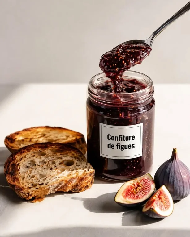 Confiture de figues maison en pot ouvert avec tartines grillées