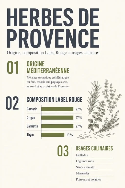 Infographie sur les herbes de Provence : origine, composition Label Rouge et usages culinaires