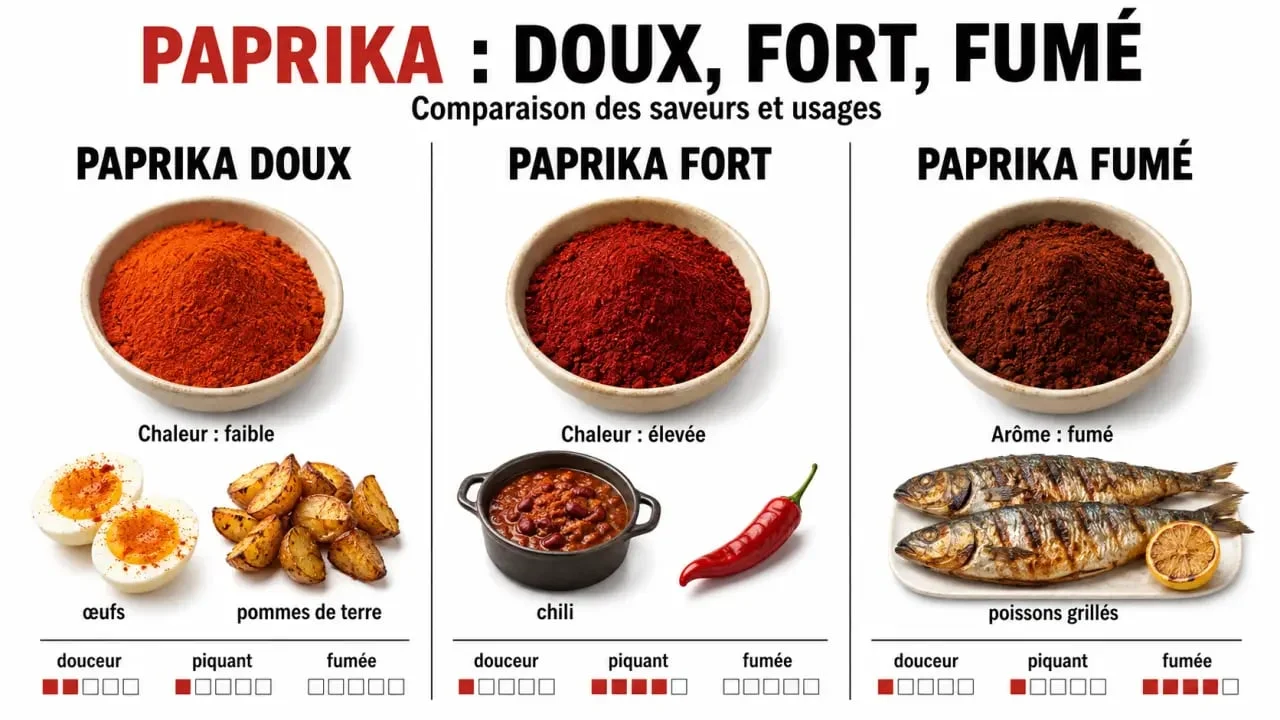 Paprika en cuisine : comparaison visuelle du paprika doux, fort et fumé avec usages recommandés
