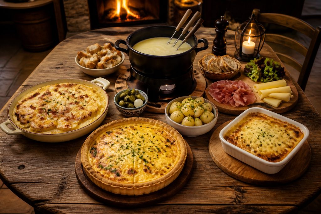 Festin de fromages reconfortants sur table rustique