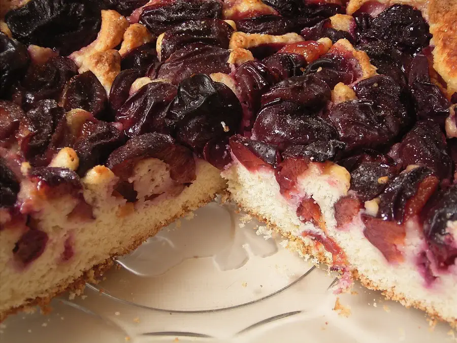 Tarte aux quetsches coupée, fruits serrés sur une pâte dorée